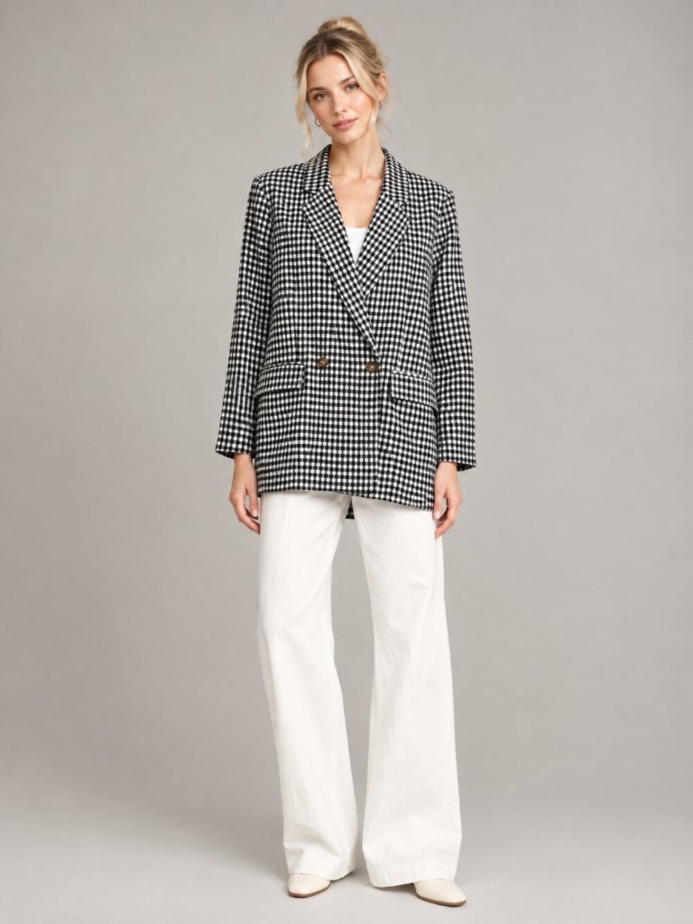 Olivaceous Gingham Check Double-Breasted Blazer Suit Jacket Black White #A4582